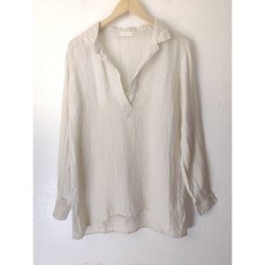 CP Shades 100% Linen Tan Striped Long Sleeve Lagenlook V-neck Tunic Top Size XS